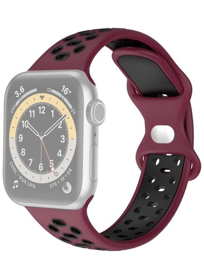 HuHa Two-Colour 8-Buckle Replacement Watchband For Apple Watch Series 7 45mm / 6 & SE & 5 & 4 44mm / 3 & 2 & 1 42mm Wine Red/Black - Image 1