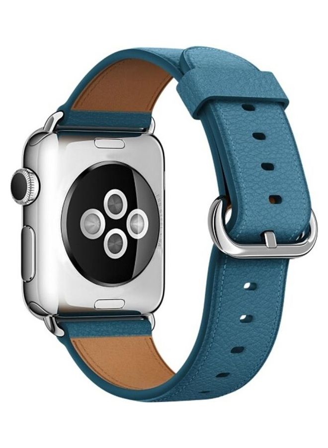هوها سوار كلاسيكي من الجلد مزود بزر لساعة أبل سيريس 3/2/1 مقاس 38 مم أزرق - Image 3