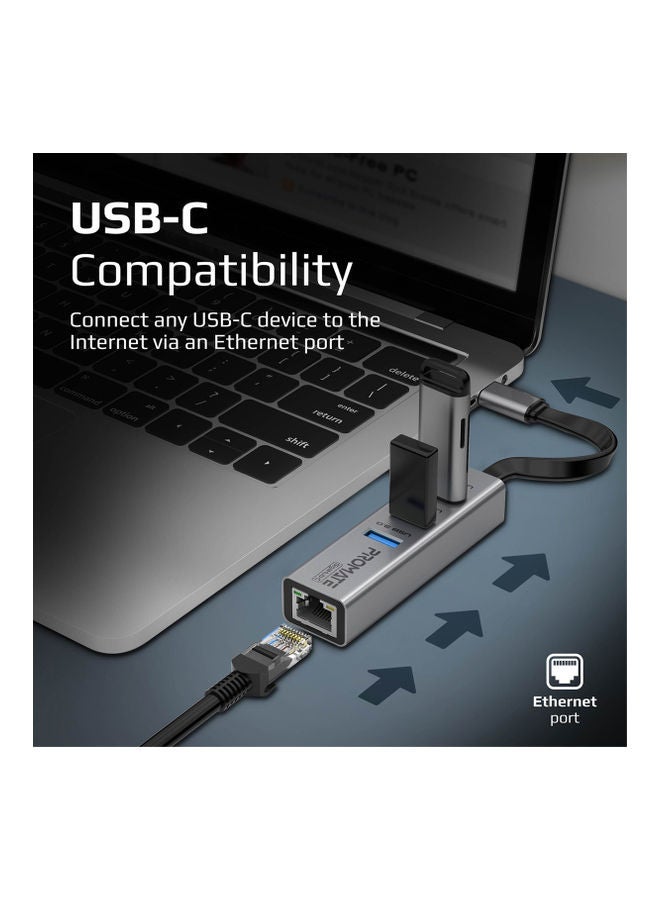 PROMATE - Multiport USB-C To 1000Mbps RJ45 Network Adapter And Ultra-Fast 3 USB Ports With 5 Gbps Data Transfer Speed Hub For Apple MacBook Pro/Air/iMac/iPad Pro/Surface/XPS/GigaHub-C Black - Image 1
