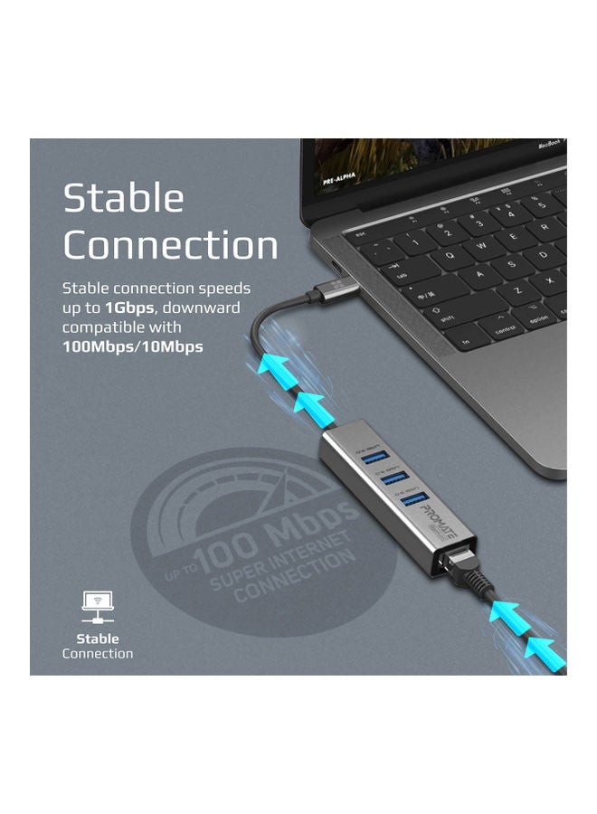 PROMATE - Multiport USB-C To 1000Mbps RJ45 Network Adapter And Ultra-Fast 3 USB Ports With 5 Gbps Data Transfer Speed Hub For Apple MacBook Pro/Air/iMac/iPad Pro/Surface/XPS/GigaHub-C Black - Image 1