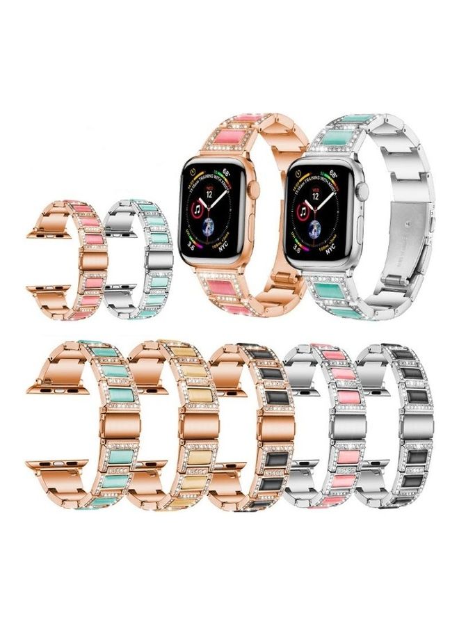 HuHa Three-Beads Diamond Gemstone Replacement Strap Watchband For Apple Watch Series 1/2/3/4/5/6/7/SE 42-44-45mm Silver/Pink - Image 4
