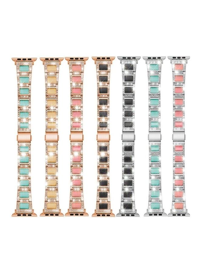 HuHa Three-Beads Diamond Gemstone Replacement Strap Watchband For Apple Watch Series 1/2/3/4/5/6/7/SE 38-40-41mm Silver/Pink - Image 3