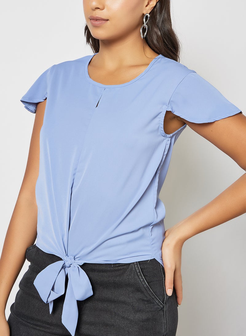 Aila Women's Casual Round Neck Cap Sleeve Front Knot Top Blue  - Image 4