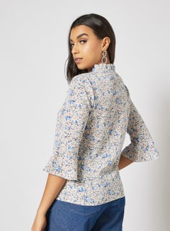 Aila Women's Casual Shirring Collar Tie Neck Half Sleeve Printed Shirts Blue  - Image 1