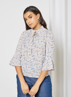 Aila Women's Casual Shirring Collar Tie Neck Half Sleeve Printed Shirts Blue  - Image 2