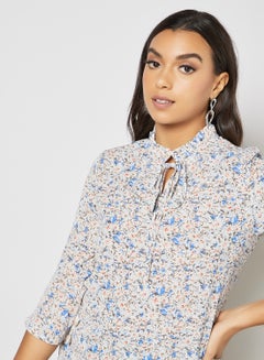 Aila Women's Casual Shirring Collar Tie Neck Half Sleeve Printed Shirts Blue  - Image 4