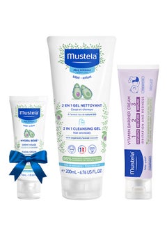 Mustela 3-Piece New Born Gift Set 2-In-1 Cleansing Gel, Hydra Bebe Facial Cream and Vitamin Barrier  - Image 1