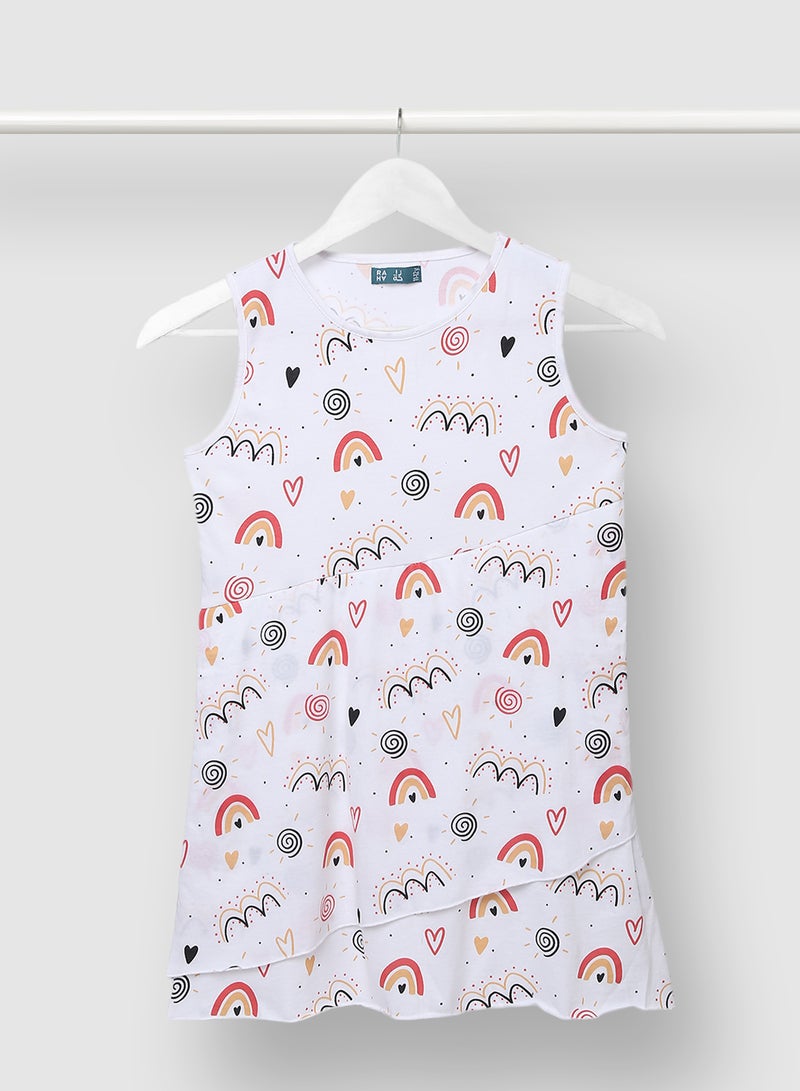 RAHA Trendy Girls Casual All Over Print Dress White  - Image 1