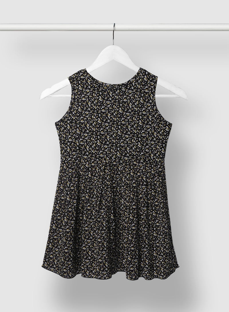 RAHA Girls All Over Print Casual Cotton Dress Black / White  - Image 1