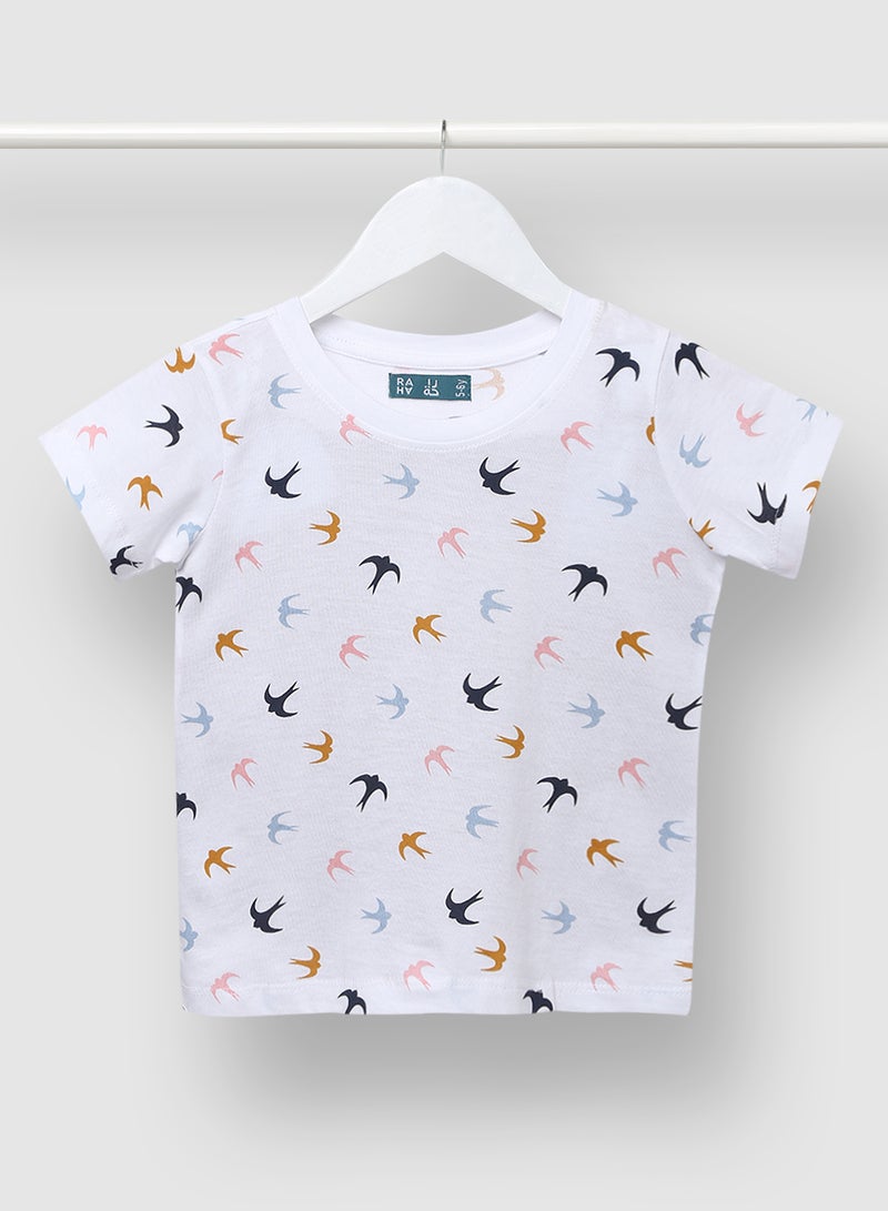 RAHA Girls Funky Printed Pure Cotton T-Shirt White Golden  - Image 1