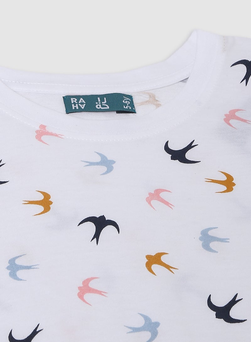 RAHA Girls Funky Printed Pure Cotton T-Shirt White Golden  - Image 3