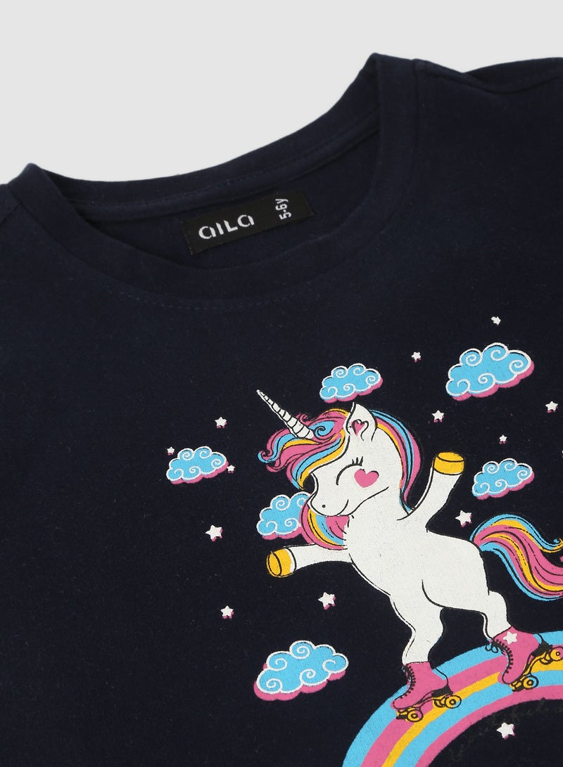 Aila - Girls Graphic Printed Crew Neck Sweatshirt Navy Blue - Image 1