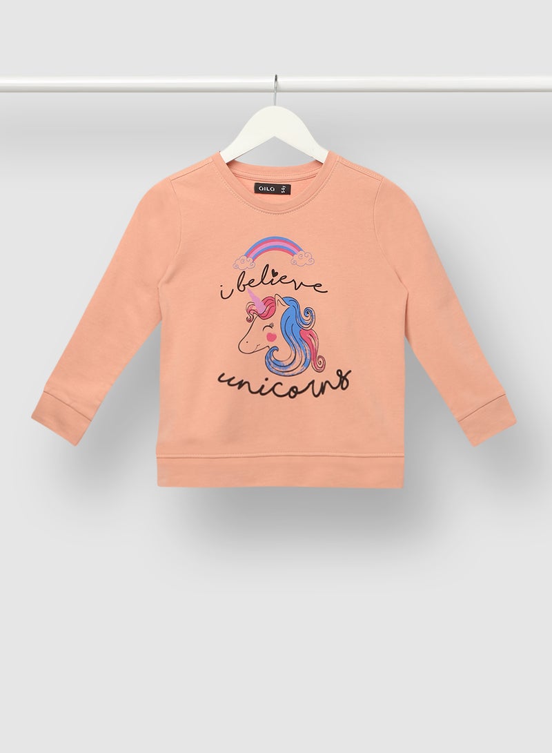 Aila - Girls Graphic Printed Cotton Crew Neck Sweatshirt Pink - Image 1