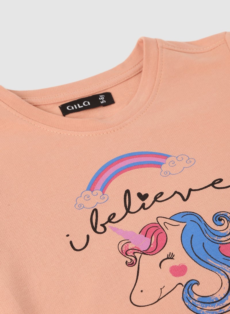 Aila - Girls Graphic Printed Cotton Crew Neck Sweatshirt Pink - Image 1