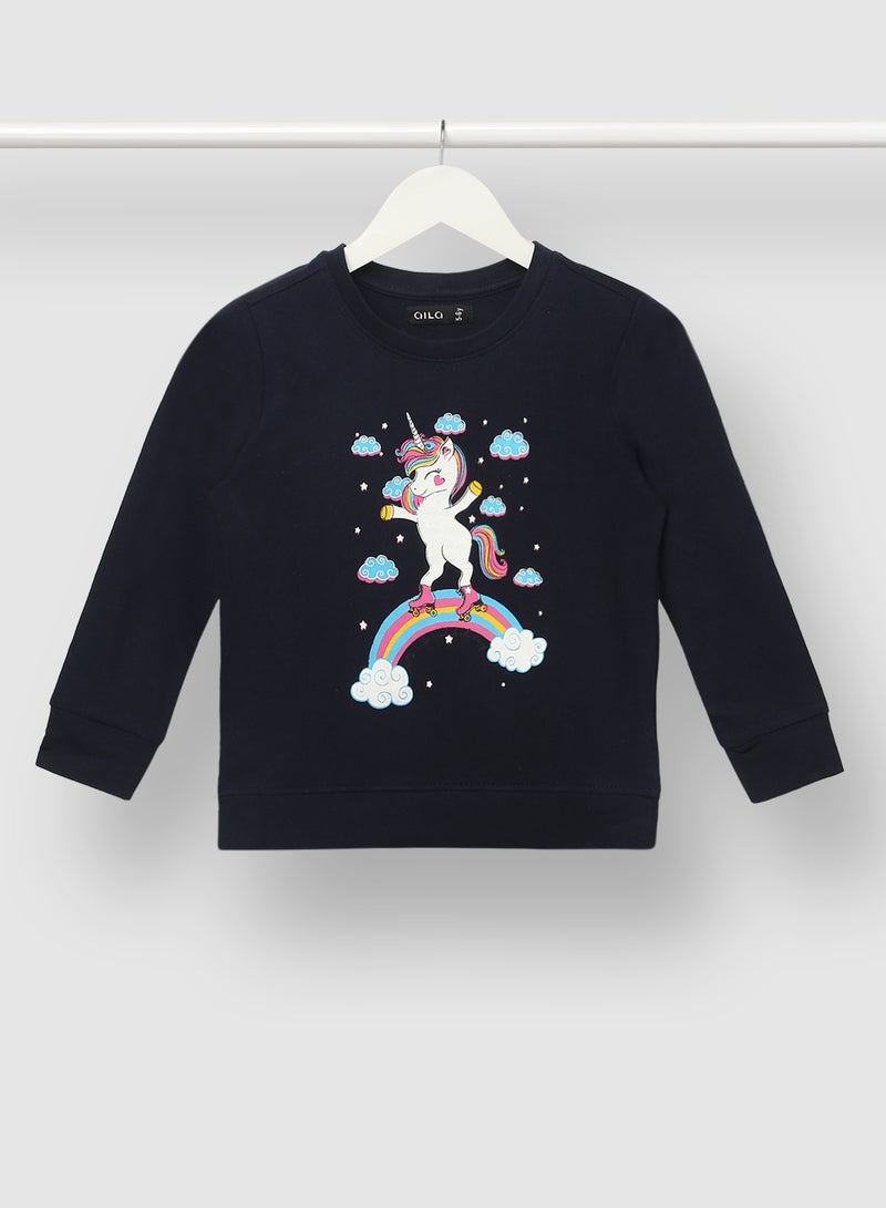 Aila - Girls Graphic Printed Crew Neck Sweatshirt Navy Blue - Image 1