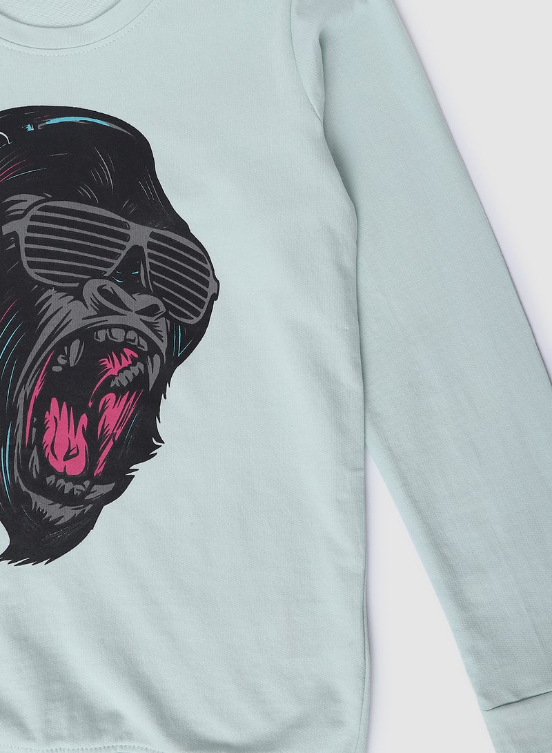 QUWA - Graphic Printed Crew Neck Sweatshirt Green/Black/Pink - Image 1