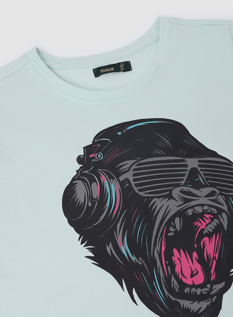 QUWA - Graphic Printed Crew Neck Sweatshirt Green/Black/Pink - Image 1