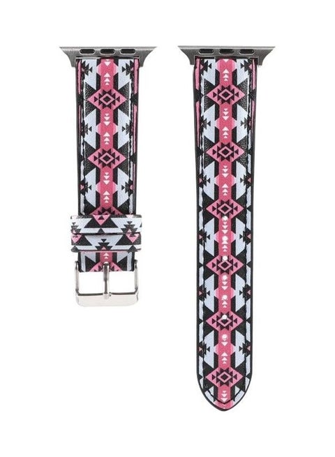 Printed Leather Watchband For Apple Black/Pink Ethnic Style