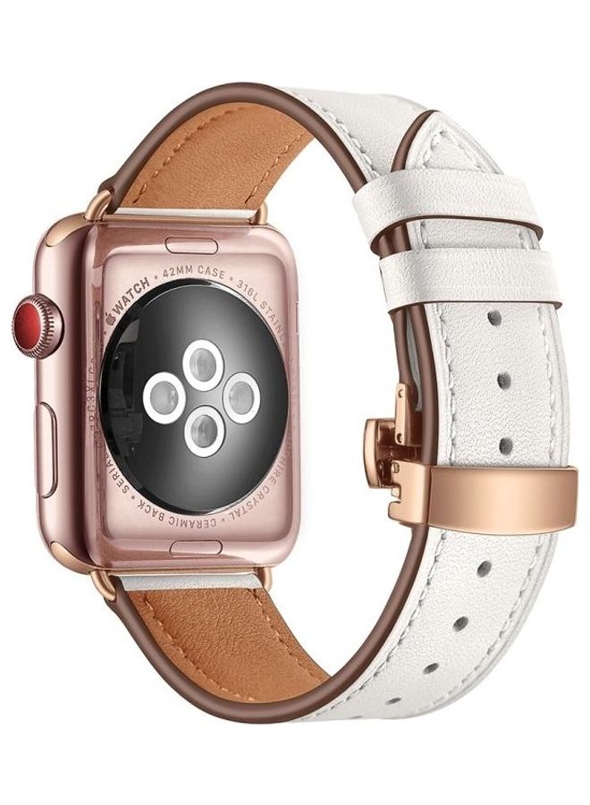 HuHa - Genuine Leather and Butterfly Rose Gold Buckle Replacement Watchbands For Apple Watch Series 7/6/SE/5/4/3/2/1 42/44/45mm White - Image 1