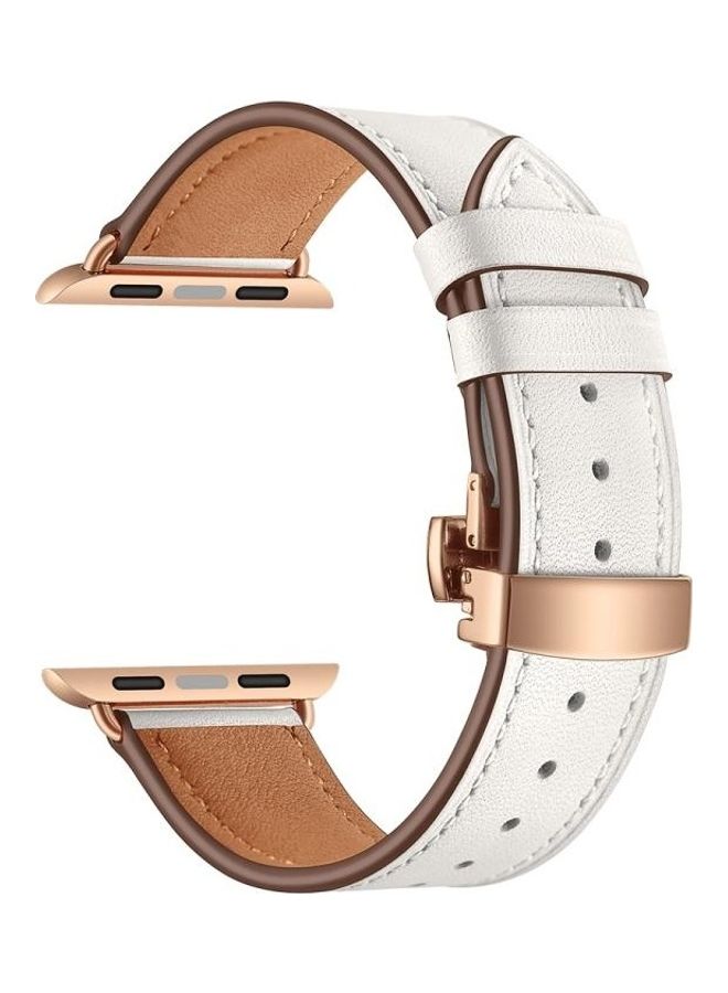 HuHa - Genuine Leather and Butterfly Rose Gold Buckle Replacement Watchbands For Apple Watch Series 7/6/SE/5/4/3/2/1 42/44/45mm White - Image 1