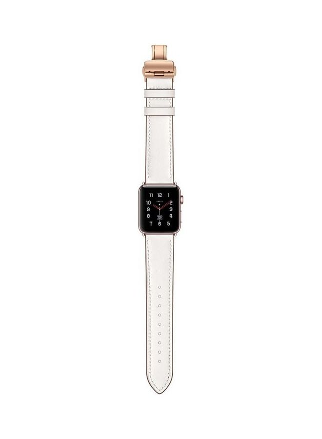 HuHa - Genuine Leather and Butterfly Rose Gold Buckle Replacement Watchbands For Apple Watch Series 7/6/SE/5/4/3/2/1 42/44/45mm White - Image 1