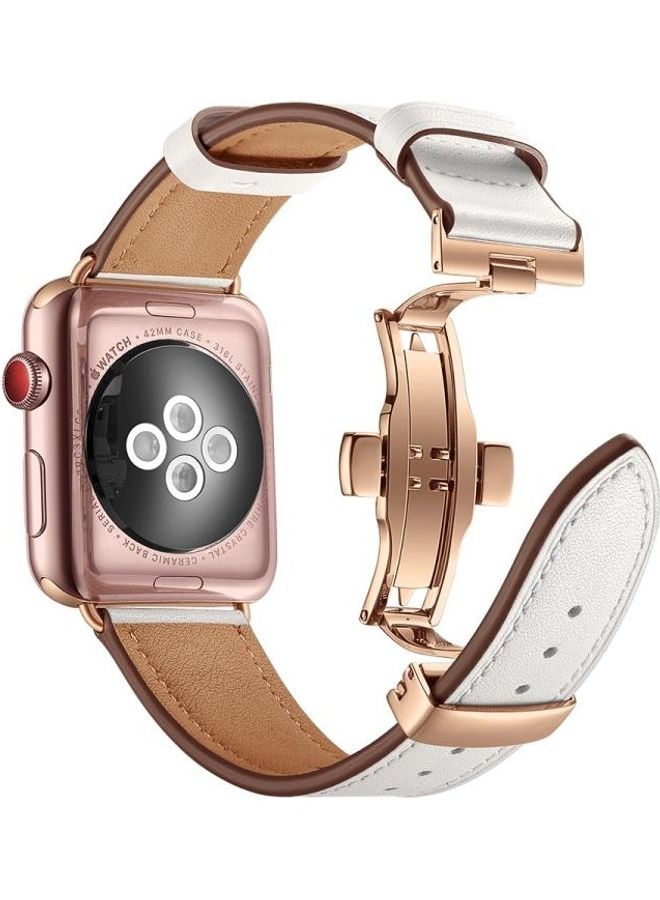 HuHa - Genuine Leather and Butterfly Rose Gold Buckle Replacement Watchbands For Apple Watch Series 7/6/SE/5/4/3/2/1 42/44/45mm White - Image 1
