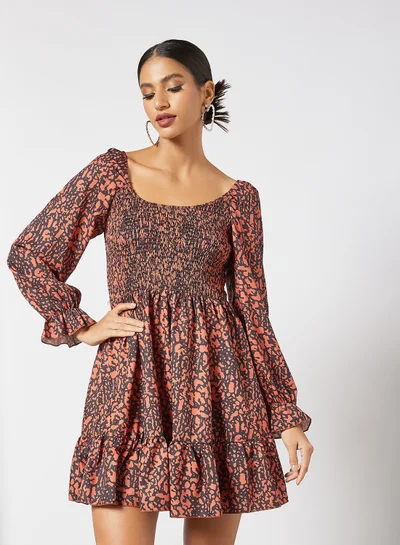 LABEL RAIL Shirred Animal Print Dress Brown