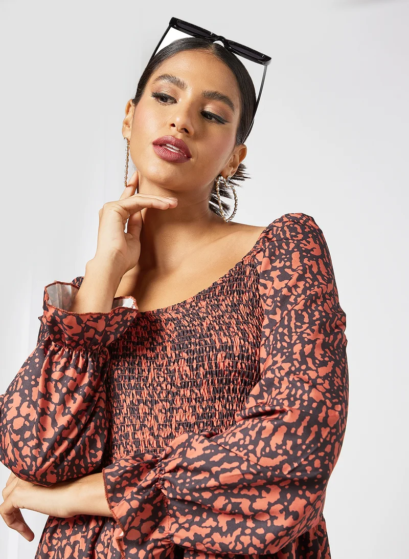 LABEL RAIL Shirred Animal Print Dress Brown