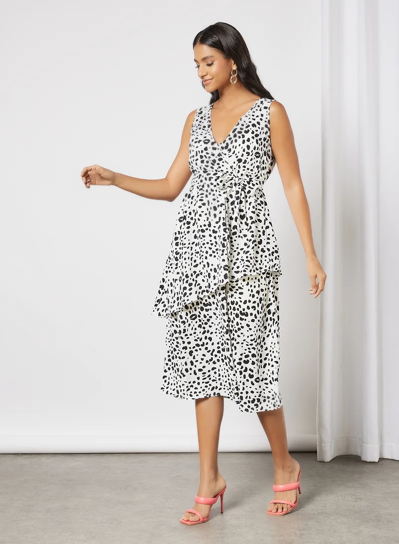 LABEL RAIL Printed Wrap Midi Dress White/Black