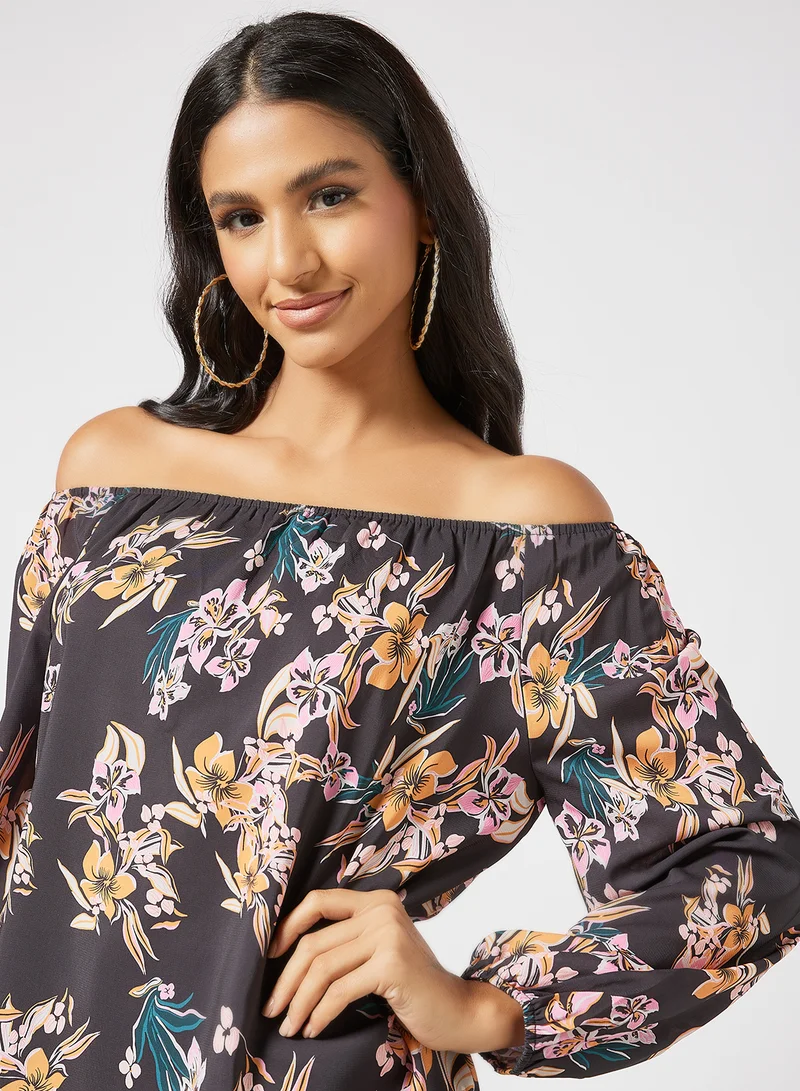 LABEL RAIL Floral Off-Shoulder Top Black