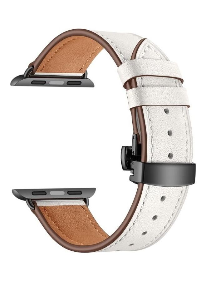HuHa - Genuine Leather and Butterfly Black Buckle Replacement Watchbands For Apple Watch Series 7/6/SE/5/4/3/2/1 42/44/45mm White - Image 1