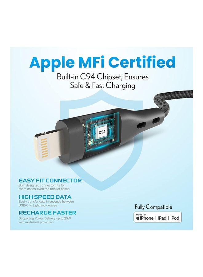 Remson - Apple MFi Certified Nylon Braided USB-C To Lightning Data Sync And Charging Cable 0.3m Black - Image 1
