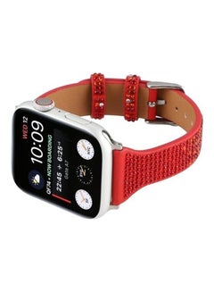 HuHa T Shaped Small Waist Flashing Diamond Genuine Leather Strap Watchband For Apple Watch Series 1/2/3/4/5/6/7/SE 38-40-41mm Red  - Image 3