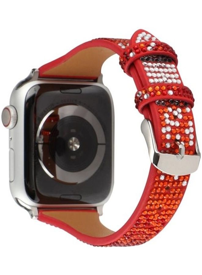 HuHa T Shaped Small Waist Flashing Diamond Genuine Leather Strap Watchband For Apple Watch Series 1/2/3/4/5/6/7/SE 38-40-41mm Red  - Image 4