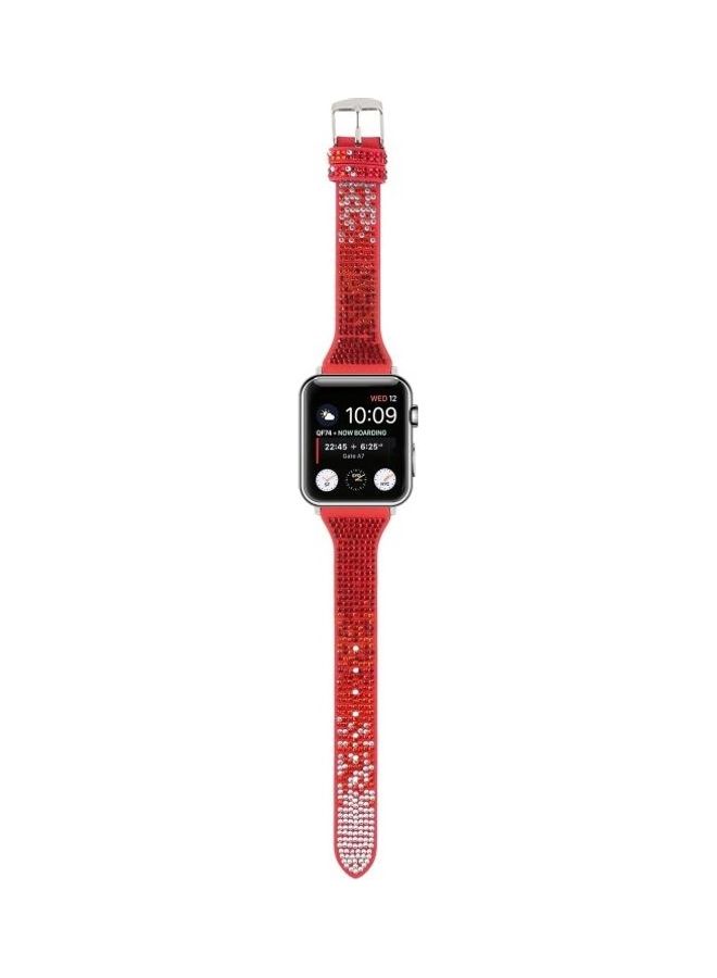 HuHa T Shaped Small Waist Flashing Diamond Genuine Leather Strap Watchband For Apple Watch Series 1/2/3/4/5/6/7/SE 38-40-41mm Red  - Image 5