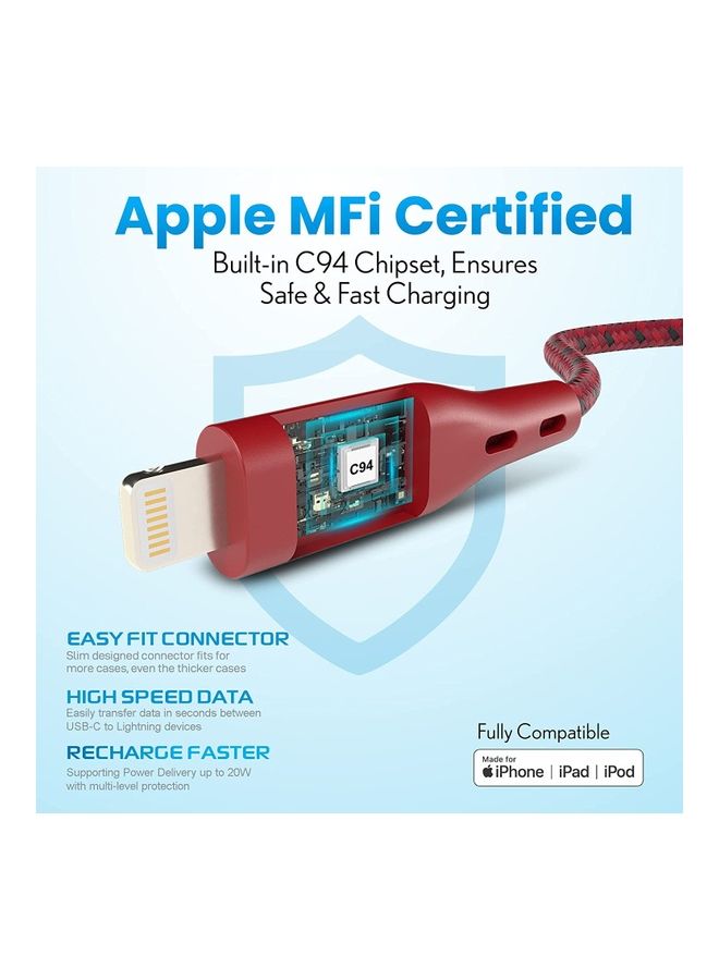 Remson - Apple MFi Certified Nylon Braided USB-C To Lightning Data Sync And Charging Cable 1.2m Red - Image 1