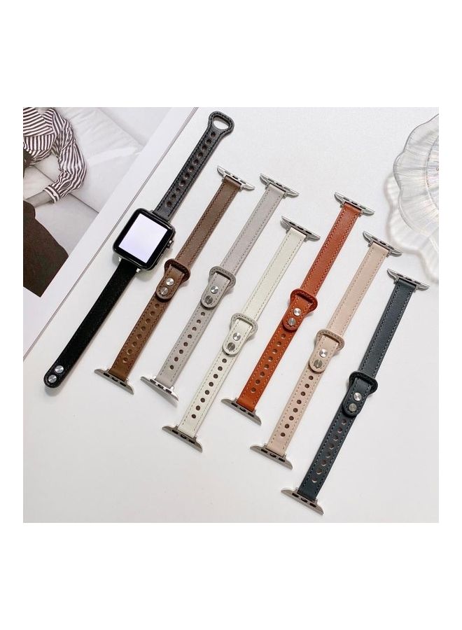 HuHa Double Studs Buckle Genuine Leather Strap Watchband For Apple Watch Series 1/2/3/4/5/6/7/SE 42-44-45mm White  - Image 2