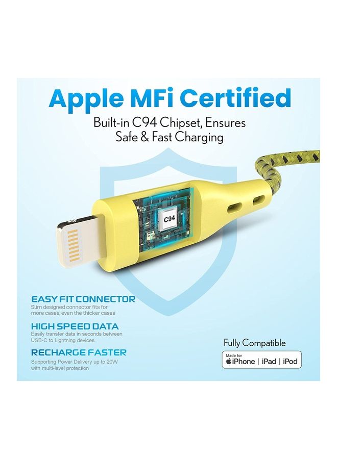 Remson - Apple MFi Certified Nylon Braided USB-C To Lightning Data Sync And Charging Cable 2m Yellow - Image 1