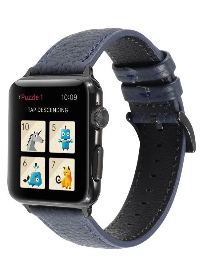 HuHa Litchi Texture Genuine Leather Watchband For Apple Watch Series 7/6/SE/5/4/3/2/1 38/40/41mm Navy Blue - Image 3