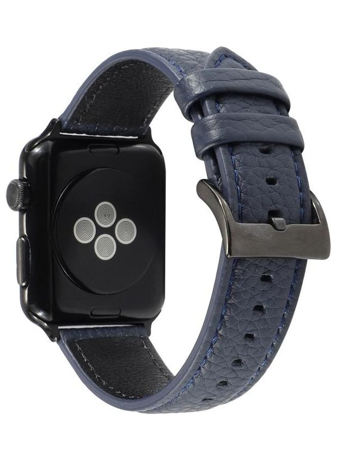 HuHa Litchi Texture Genuine Leather Watchband For Apple Watch Series 7/6/SE/5/4/3/2/1 38/40/41mm Navy Blue - Image 1