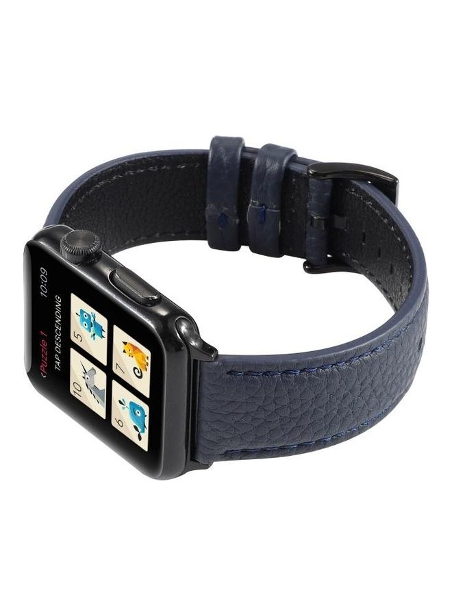 HuHa Litchi Texture Genuine Leather Watchband For Apple Watch Series 7/6/SE/5/4/3/2/1 38/40/41mm Navy Blue - Image 4