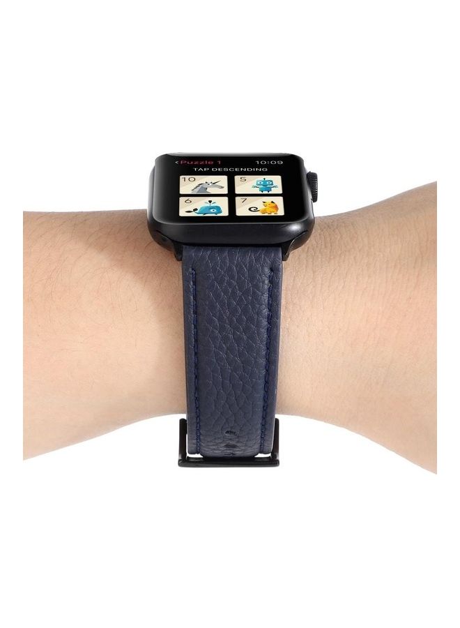 HuHa Litchi Texture Genuine Leather Watchband For Apple Watch Series 7/6/SE/5/4/3/2/1 38/40/41mm Navy Blue - Image 5