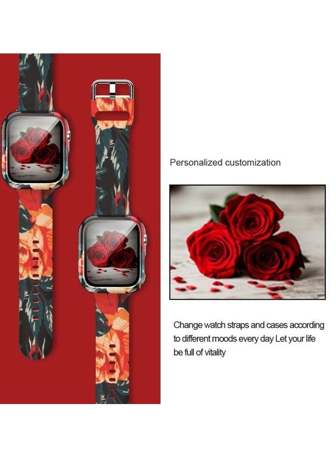 HuHa Silicone Printing Integrated Replacement Case with Watchband For Apple Watch Series 7/6/SE/5/4 41/40mm Red Rose - Image 2