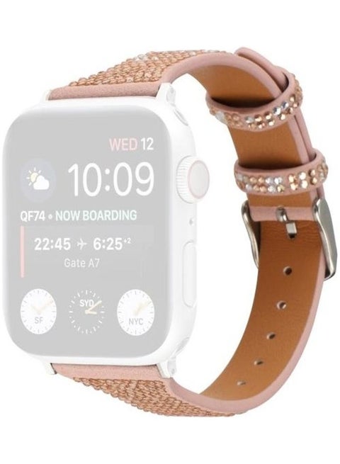 T Shaped Small Waist Flashing Diamond Genuine Leather Strap Watchband For Apple Watch Series 1/2/3/4/5/6/7/SE 38-40-41mm Rose Gold
