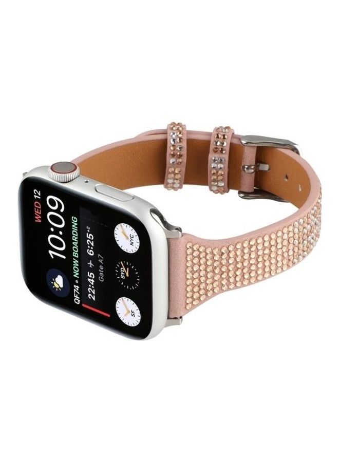 HuHa - T Shaped Small Waist Flashing Diamond Genuine Leather Strap Watchband For Apple Watch Series 1/2/3/4/5/6/7/SE 38-40-41mm Rose Gold - Image 1