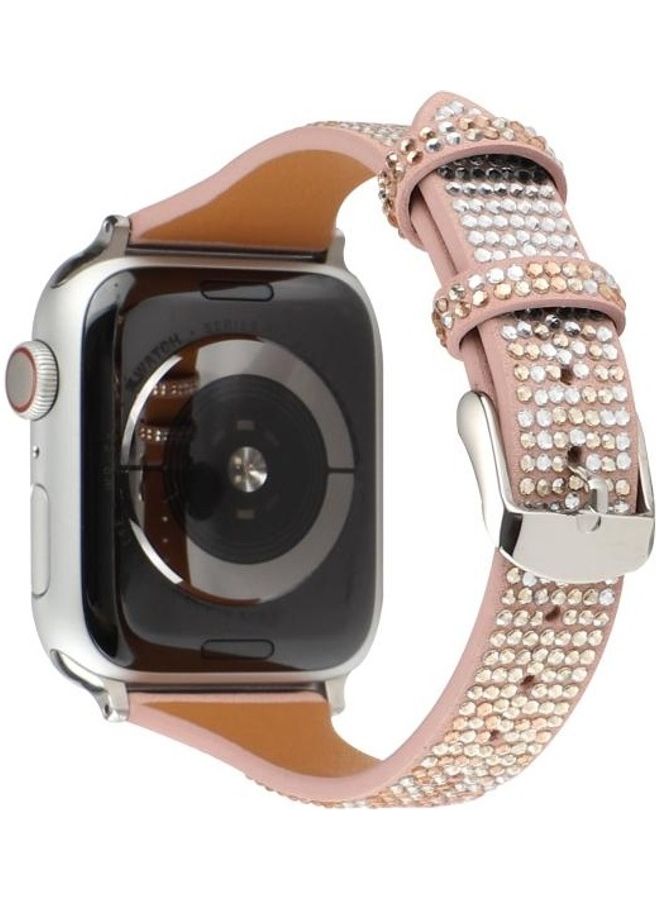 HuHa - T Shaped Small Waist Flashing Diamond Genuine Leather Strap Watchband For Apple Watch Series 1/2/3/4/5/6/7/SE 38-40-41mm Rose Gold - Image 1