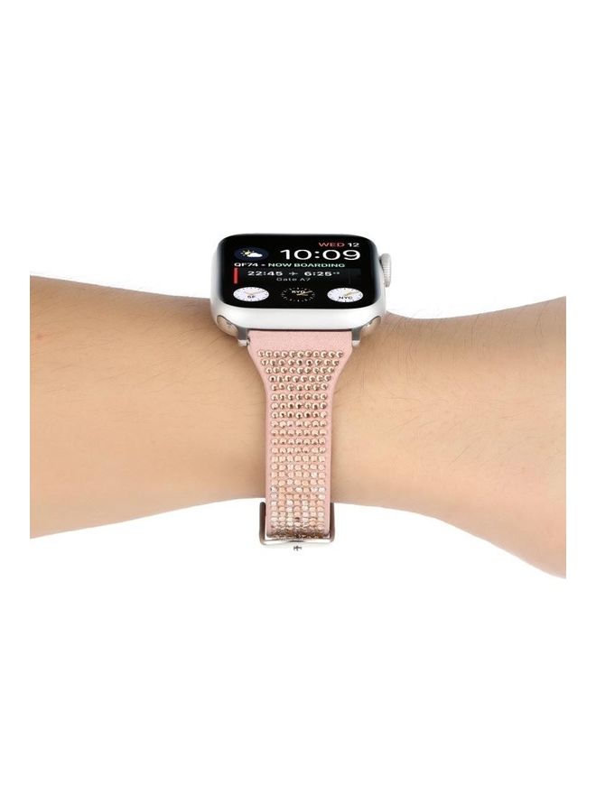 HuHa - T Shaped Small Waist Flashing Diamond Genuine Leather Strap Watchband For Apple Watch Series 1/2/3/4/5/6/7/SE 38-40-41mm Rose Gold - Image 1