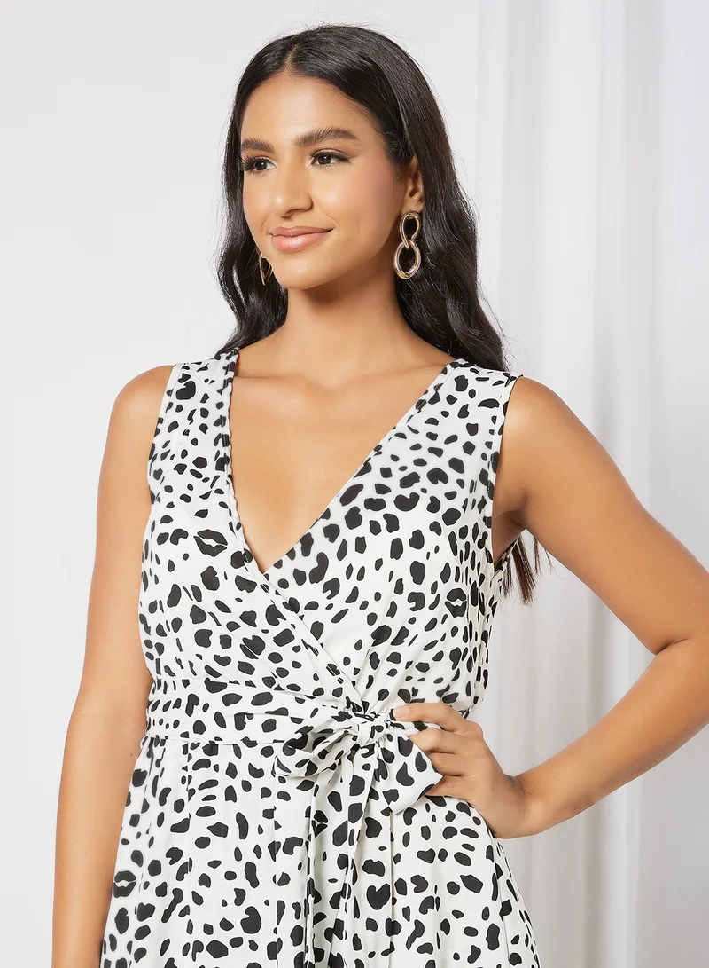 LABEL RAIL Printed Wrap Midi Dress White/Black