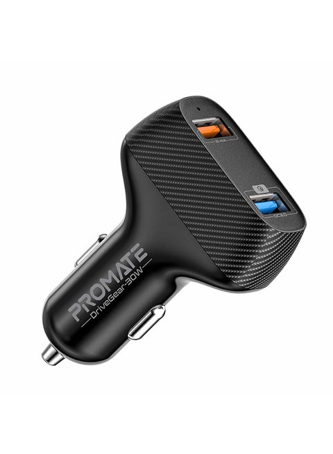 Promate Car Charger, Ultra-Fast 30W Qualcomm Quick Charge 3.0 Car Adapter with 2.4A USB Port, Adaptive Charge Technology and Over-Charge Protection Black