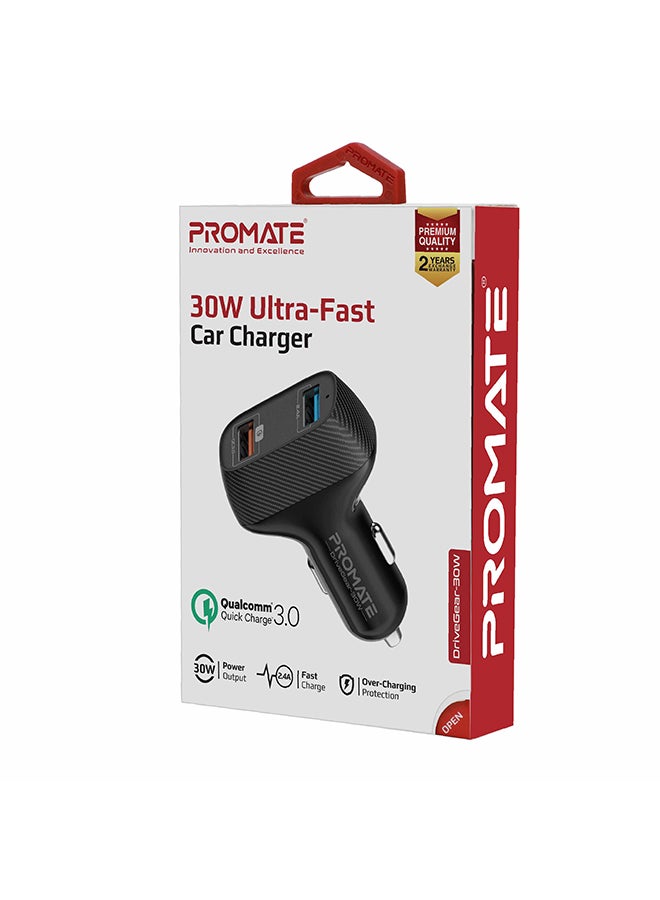Promate Car Charger, Ultra-Fast 30W Qualcomm Quick Charge 3.0 Car Adapter with 2.4A USB Port, Adaptive Charge Technology and Over-Charge Protection Black